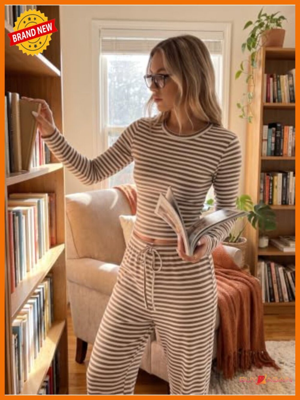Ribbed Striped Long Sleeve Crewneck Wide Leg Lounge Set with Pockets - Picture 6 of 6